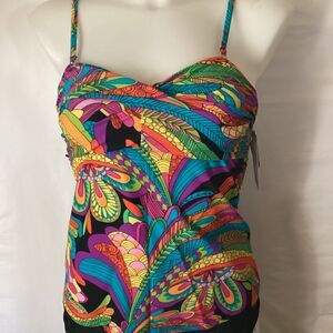 1320NWT Bikini Bay FunkyFeathers Twist Top Bandini w/High Waisted Bottoms Medium